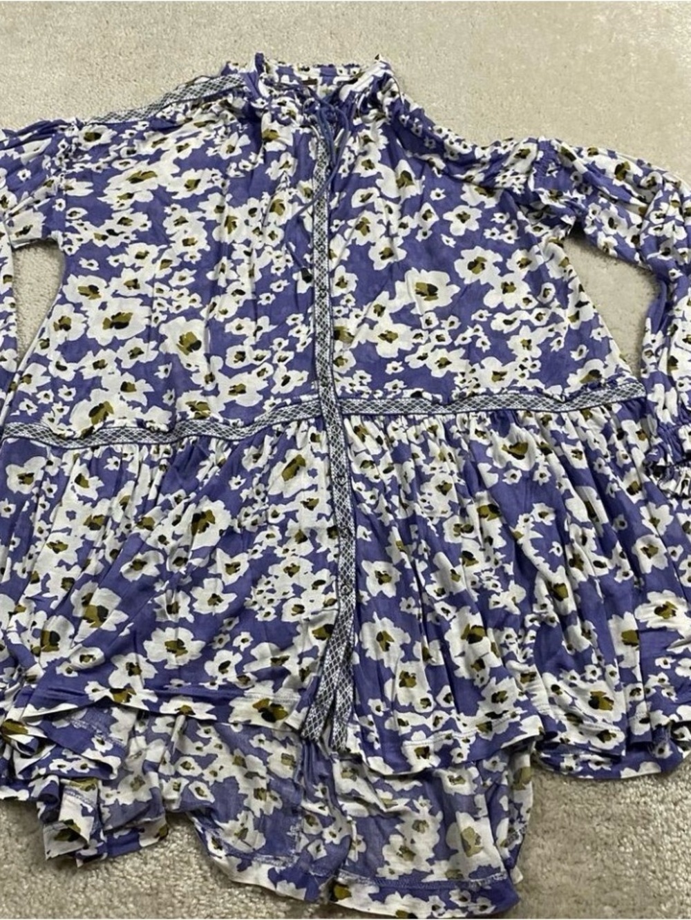 Free People Dress Womens M Purple Floral High Neck Boho Trapeze Sheer Summer